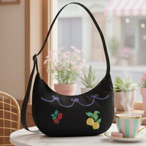 Baggu Medium Nylon Crescent Bag Bow Fruit Cross Stitch Black